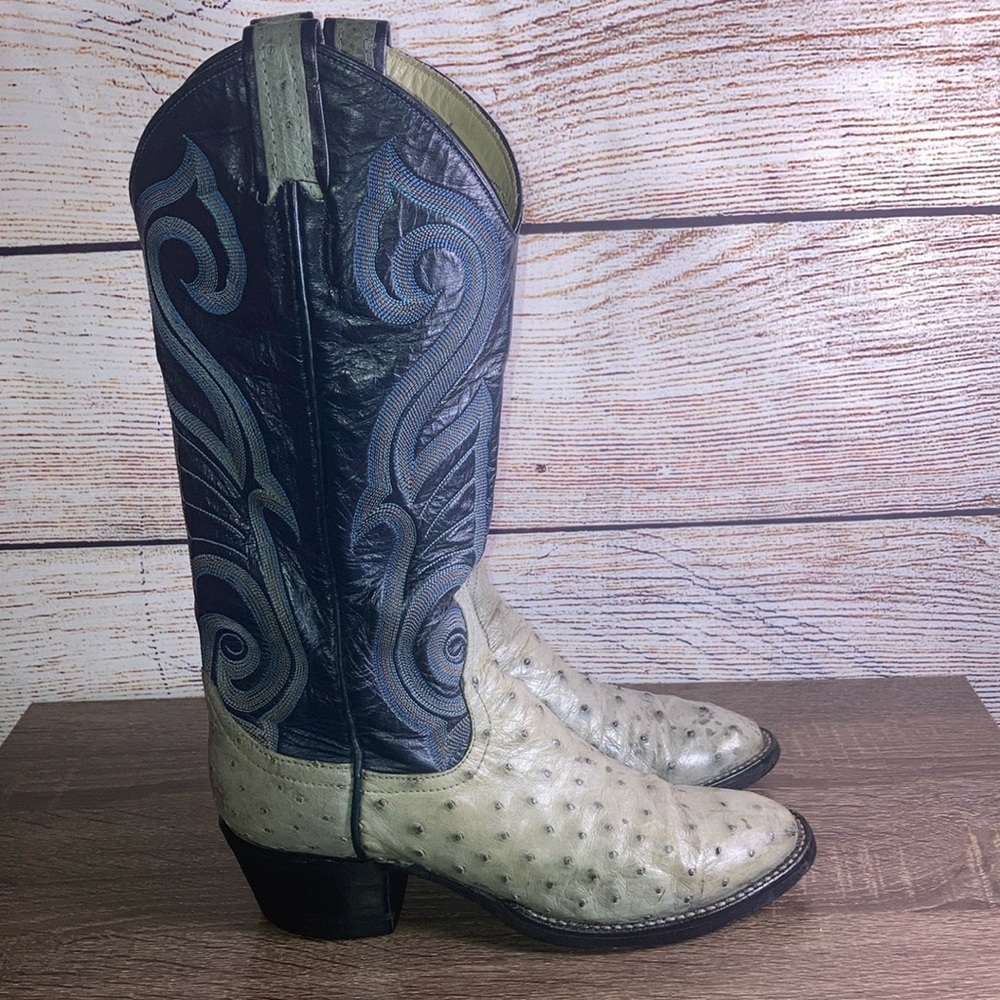 Women’s Vintage Rare Exotic Larry Mahan 5.5 B Western Gray & Blue Cowboy Boots